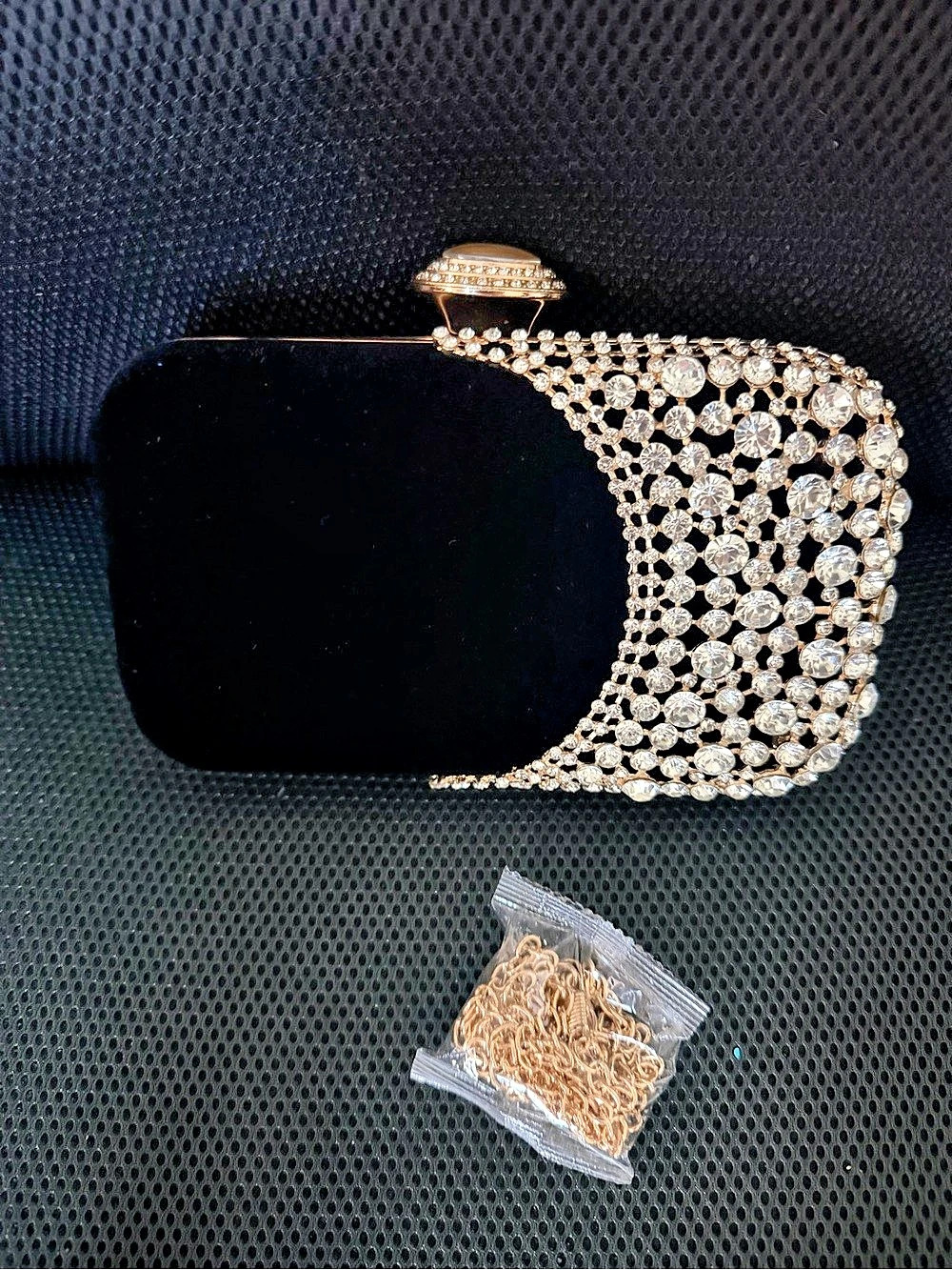 Velvet Rhinestone Clutch in Black & Gold
